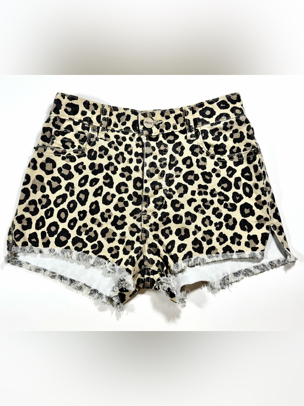 Amuse Society Leopard Print High-Rise Jean Shorts in Beige and Black